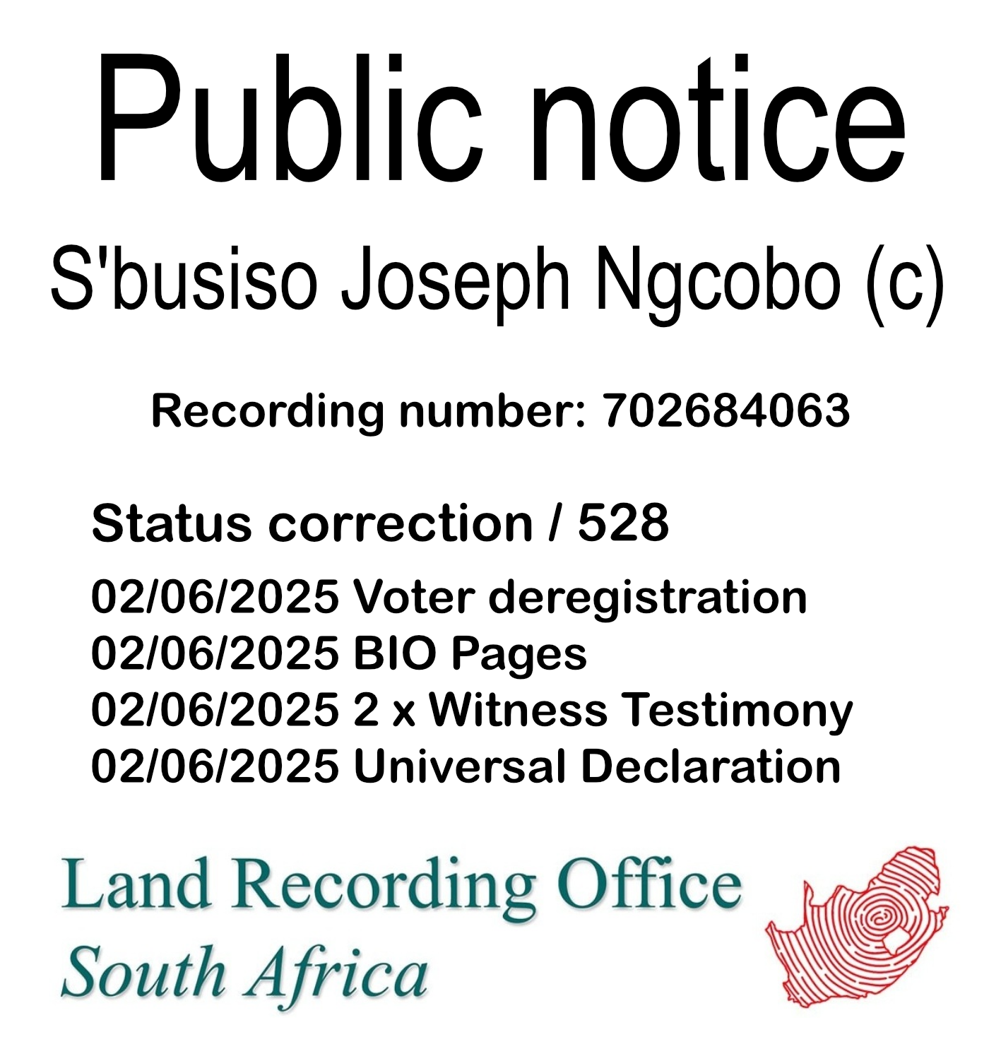 Public notice S'busiso Joseph Ngcobo (c) Recording number 702684063